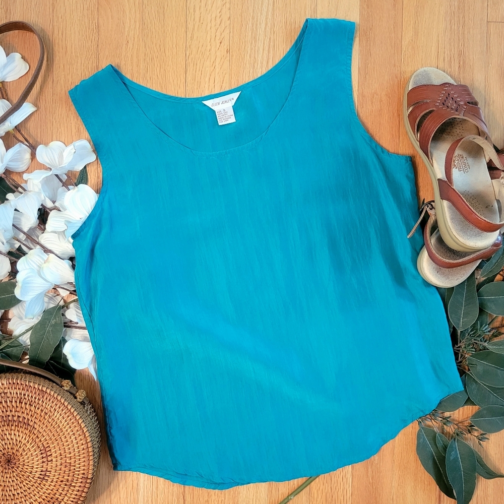 VTG Ellen Ashley Emerald Green Teal 100% Silk Tank Sleeveless Blouse Sz S